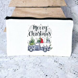 NEW SMALL CANVAS ZIPPER POUCH, COSMETIC BAG, MERRY CHRISTMAS VTG TRUCK & GNOMES